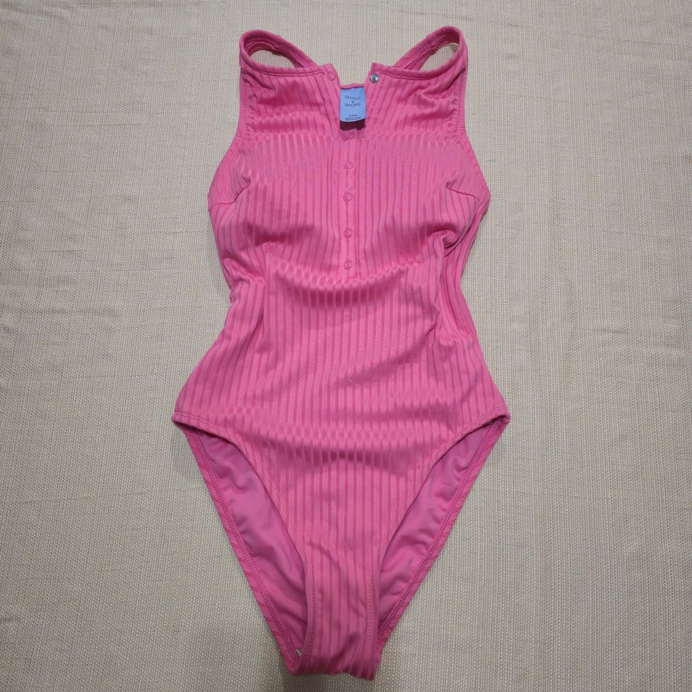 Shade & Shore Pink Ribbed Snap Front One Piece Swimsuit Women Small S 4-6 New